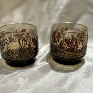 Vintage Libbey Brown and Gold Drinkware with Intricate Nature-Inspired Design